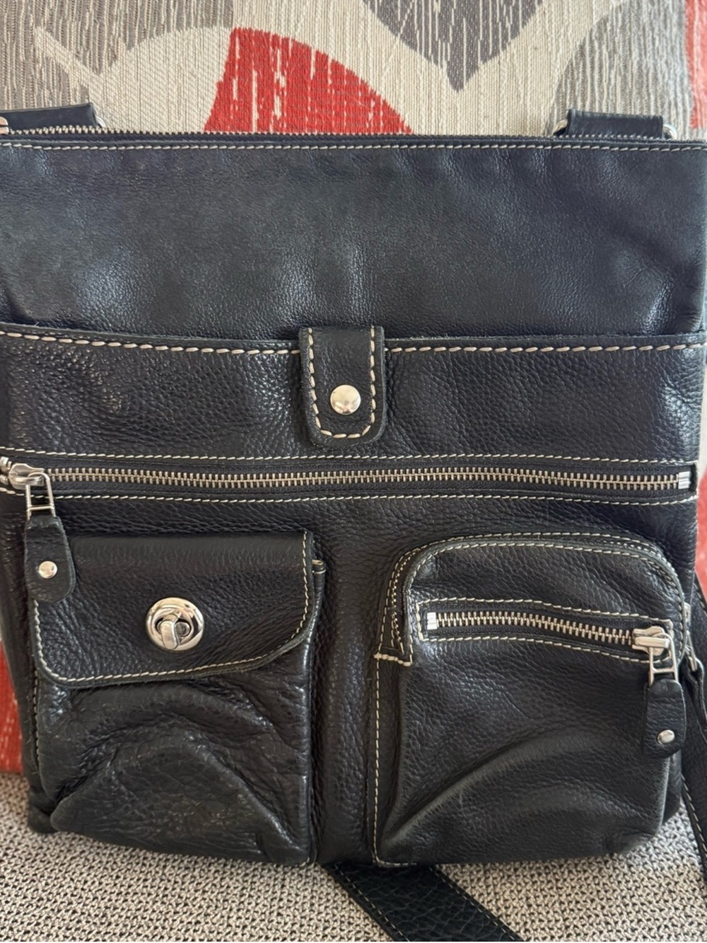 Roots Venetian Black Leather Crossbody Bag with Multiple Front Pockets